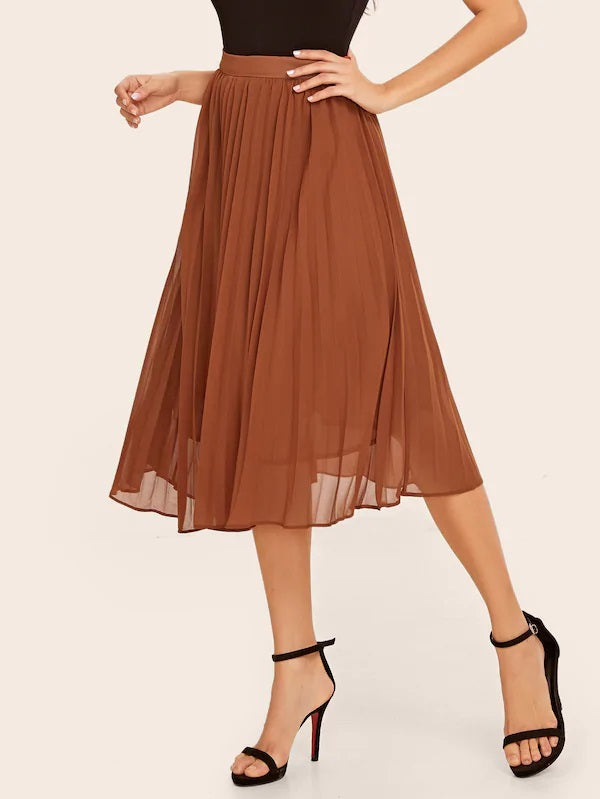 CM-BS718145 Women Casual Seoul Style High Waist Pleated Midi Skirt - Brown