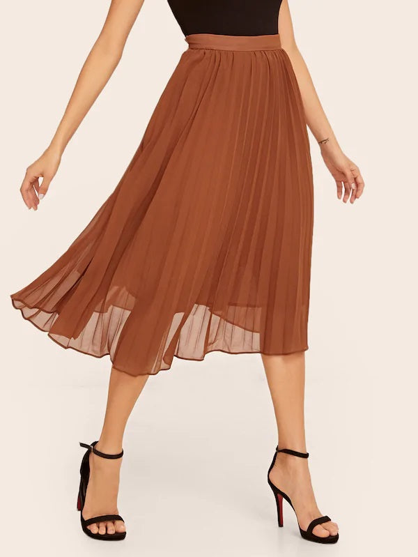 CM-BS718145 Women Casual Seoul Style High Waist Pleated Midi Skirt - Brown