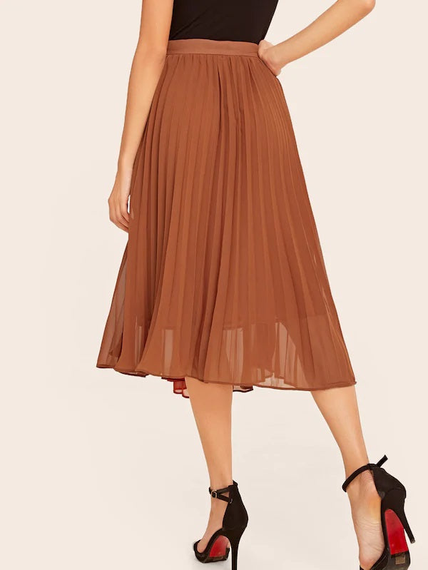 CM-BS718145 Women Casual Seoul Style High Waist Pleated Midi Skirt - Brown