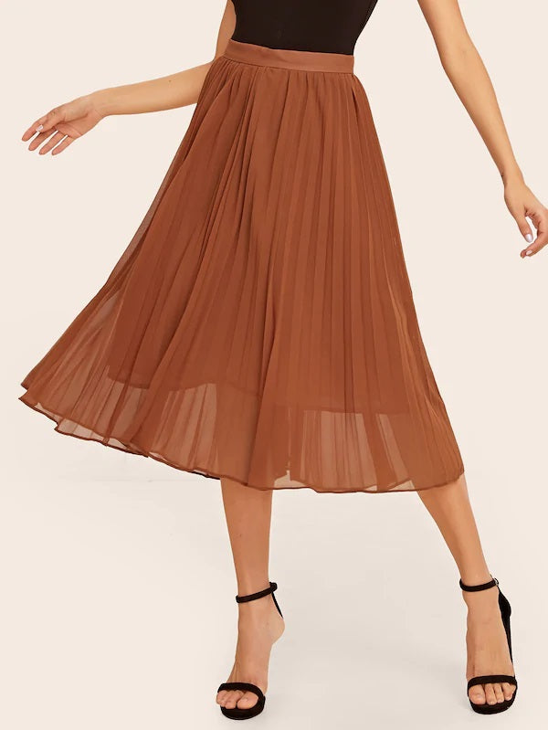 CM-BS718145 Women Casual Seoul Style High Waist Pleated Midi Skirt - Brown