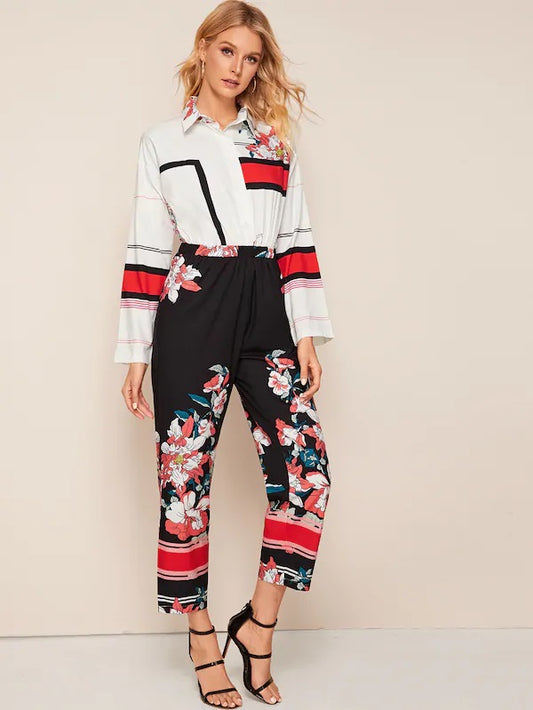 CM-JS820844 Women Casual Seoul Style Long Sleeve Floral And Stripe Print Shirt Jumpsuit