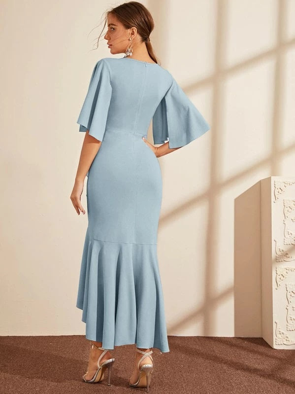 CM-DS820017 Women Elegant Seoul Style Half Split Sleeve Ruffle Hem Wrap Dress - Light Blue