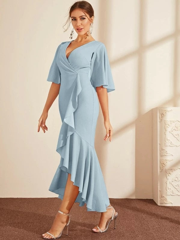 CM-DS820017 Women Elegant Seoul Style Half Split Sleeve Ruffle Hem Wrap Dress - Light Blue