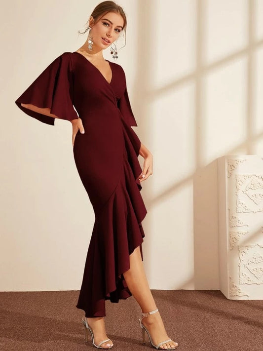 CM-DS820799 Women Elegant Seoul Style Half Split Sleeve Ruffle Hem Wrap Dress - Wine Red