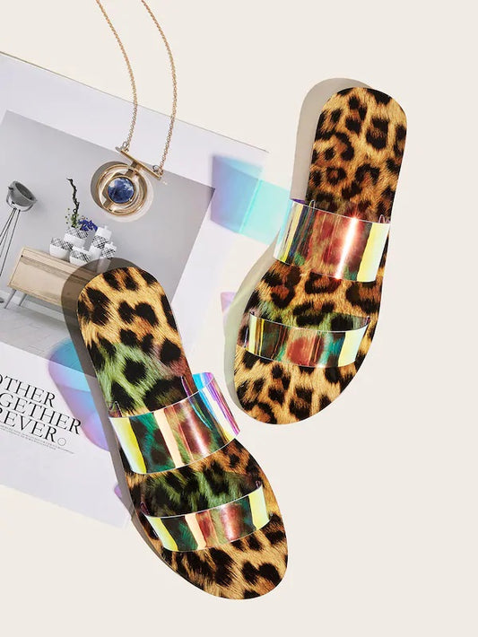 CM-SHS820471 Women Casual Seoul Style Leopard Print Holographic Strap Sliders