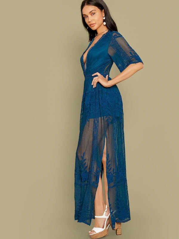 CM-JS806637 Women Elegant Plunging Neck Split Thigh Embroidery Mesh Overlay Romper - Blue