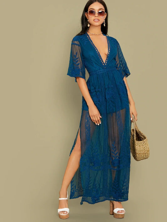 CM-JS806637 Women Elegant Plunging Neck Split Thigh Embroidery Mesh Overlay Romper - Blue