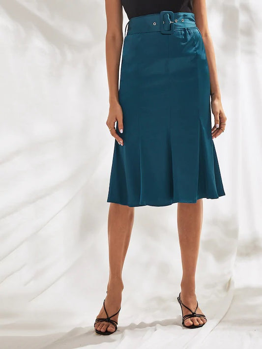 CM-BS801358 Women Casual Seoul Style High Waist Buckle Belted Fishtail Hem Satin Skirt - Blue