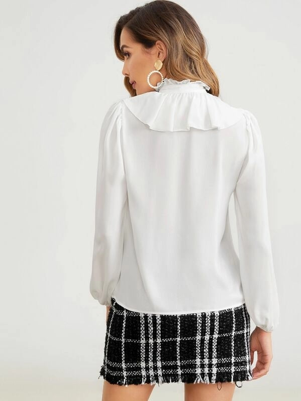 CM-TS619259 Women Elegant Seoul Style Long Sleeve Ruffle Trim Button Front Blouse - White