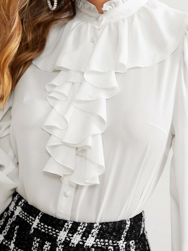 CM-TS619259 Women Elegant Seoul Style Long Sleeve Ruffle Trim Button Front Blouse - White
