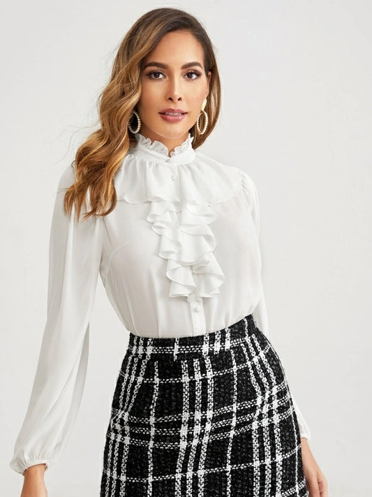 CM-TS619259 Women Elegant Seoul Style Long Sleeve Ruffle Trim Button Front Blouse - White