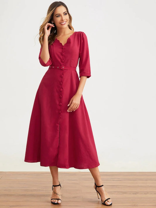 CM-DS715977 Women Elegant Seoul Style Half Sleeve Scalloped Button Front Belted Dress - Wine Red