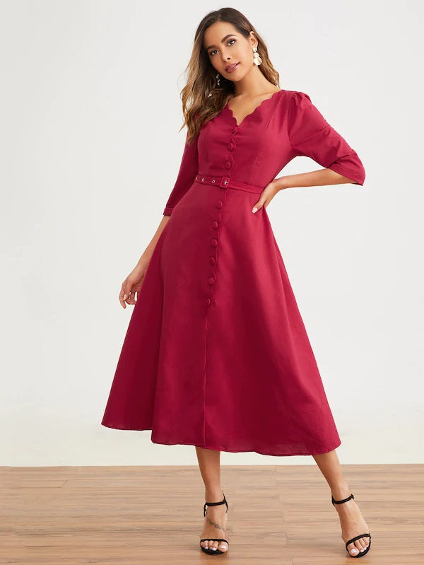 CM-DS715977 Women Elegant Seoul Style Half Sleeve Scalloped Button Front Belted Dress - Wine Red