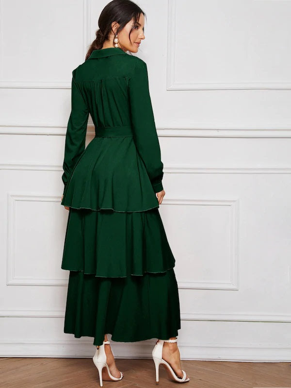 CM-DS802676 Women Elegant Seoul Style Notch Collar Layered Ruffle Hem Belted Dress - Green