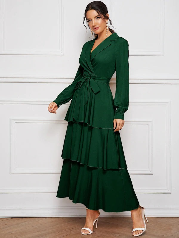 CM-DS802676 Women Elegant Seoul Style Notch Collar Layered Ruffle Hem Belted Dress - Green