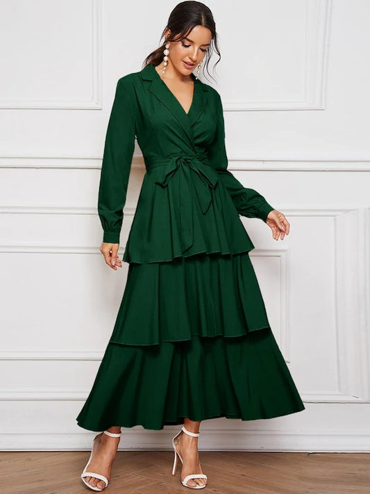 CM-DS802676 Women Elegant Seoul Style Notch Collar Layered Ruffle Hem Belted Dress - Green