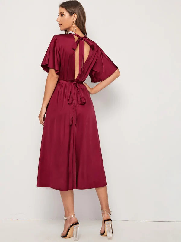 CM-DS805958 Women Elegant Seoul Style Flounce Sleeve Tie Back Cut-Out Satin Midi Dress - Wine Red