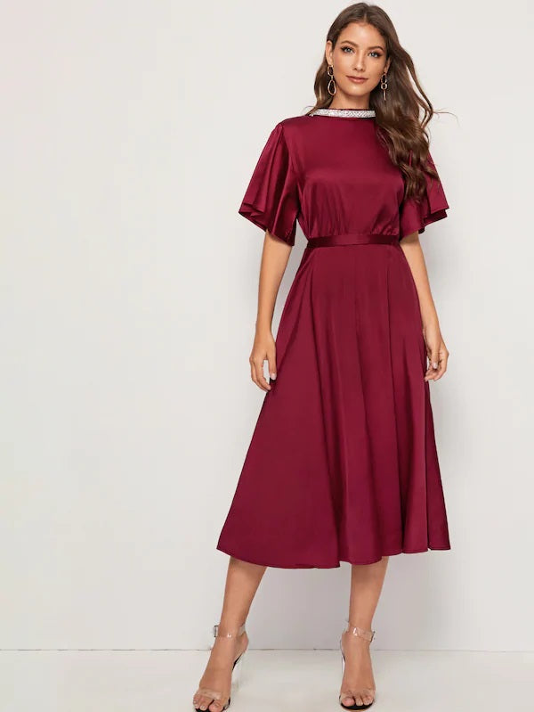 CM-DS805958 Women Elegant Seoul Style Flounce Sleeve Tie Back Cut-Out Satin Midi Dress - Wine Red