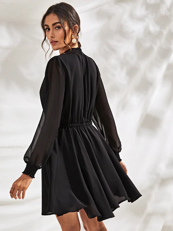 CM-DS822589 Women Casual Seoul Style Long Sleeve Solid Shirred Cuff Elastic Waist Dress - Black