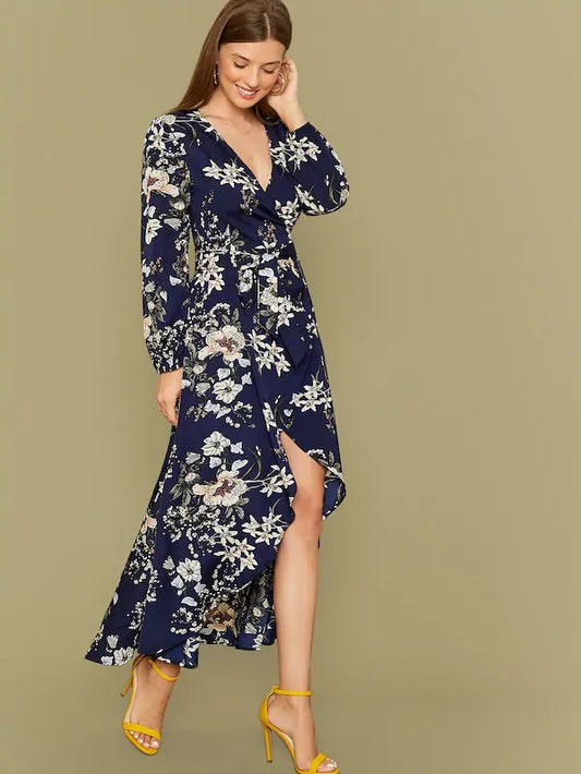 CM-DS808892 Women Casual Seoul Style Long Sleeve Wrap Belted Asymmetrical Hem Floral Print Dress