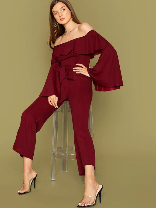 CM-JS808425 Women Elegant Seoul Style Off Shoulder Flounce Sleeve Self Belted Jumpsuit - Wine Red