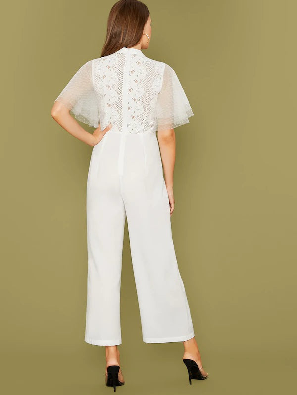 CM-JS812696 Women Elegant Seoul Style Layered Mesh Sleeve Lace Bodice Jumpsuit - White