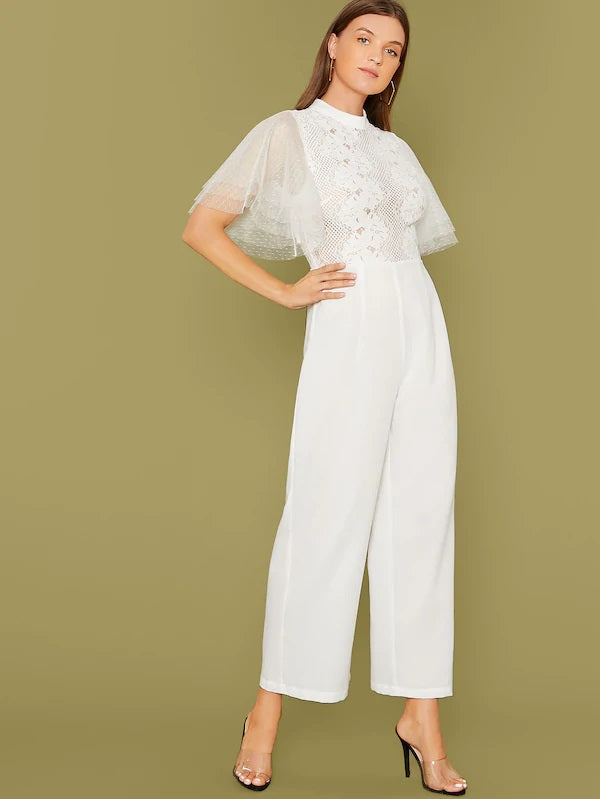 CM-JS812696 Women Elegant Seoul Style Layered Mesh Sleeve Lace Bodice Jumpsuit - White