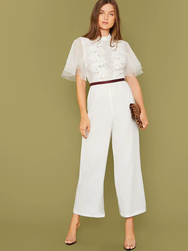 CM-JS812696 Women Elegant Seoul Style Layered Mesh Sleeve Lace Bodice Jumpsuit - White