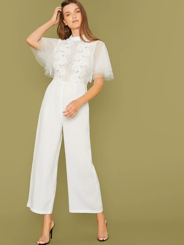 CM-JS812696 Women Elegant Seoul Style Layered Mesh Sleeve Lace Bodice Jumpsuit - White