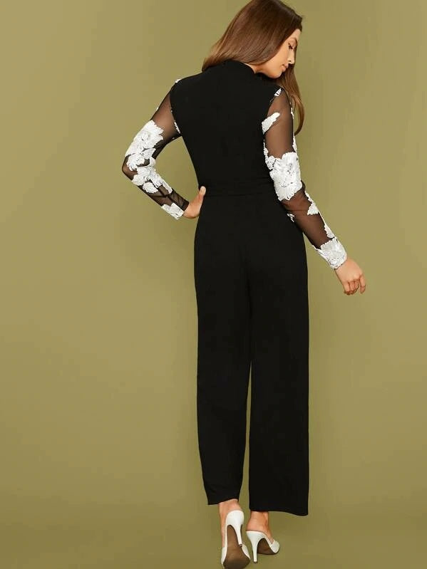 CM-JS814125 Women Elegant Seoul Style Embroidered Mesh Belted Straight Leg Jumpsuit - Black