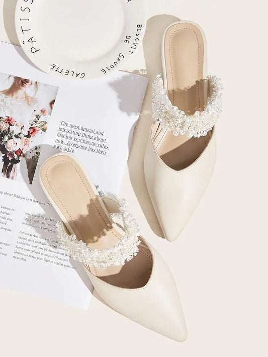 CM-SHS822766 Women Elegant Seoul Style Point Toe Faux Pearl Decor Flat Mules - Beige