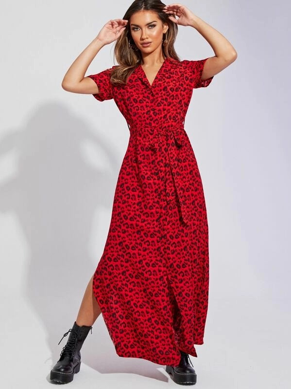 CM-DS731901 Women Casual Seoul Style Short Sleeve Leopard Print Belted Maxi Shirt Dress - Red