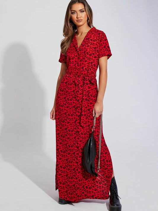 CM-DS731901 Women Casual Seoul Style Short Sleeve Leopard Print Belted Maxi Shirt Dress - Red