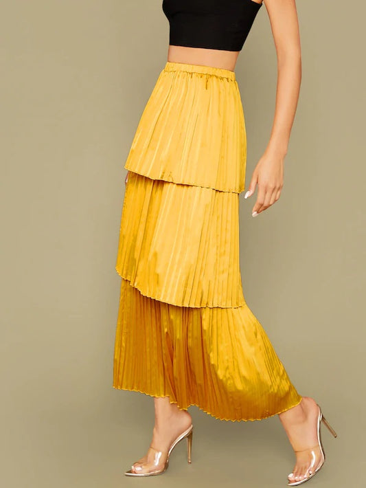 CM-BS729695 Women Elegant Seoul Style High Waist Layered Ruffle Hem Pleated Satin Skirt - Yellow