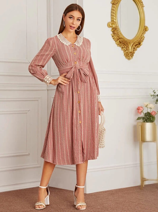 CM-DS823717 Women Casual Seoul Style Long Sleeve Gingham Lace Panel Tie Front Shirt Dress - Red