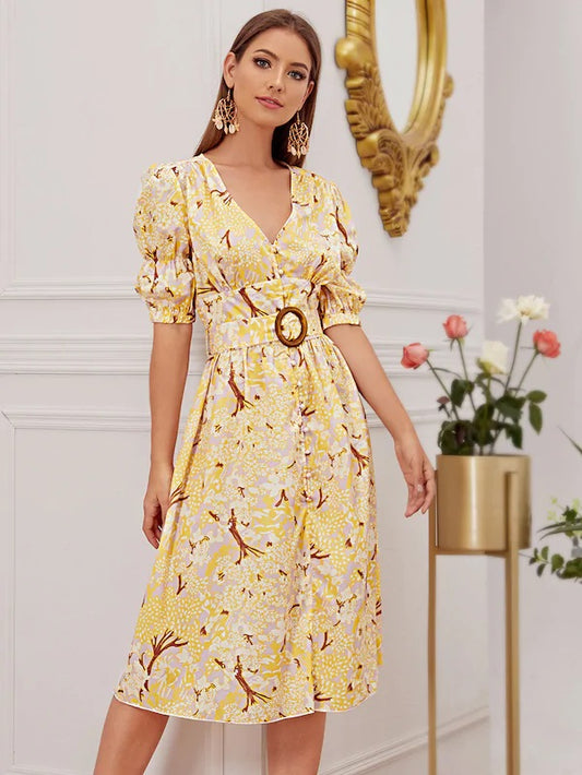 CM-DS823305 Women Casual Seoul Style Puff Sleeve Covered Button Floral A-Line Dress - Yellow