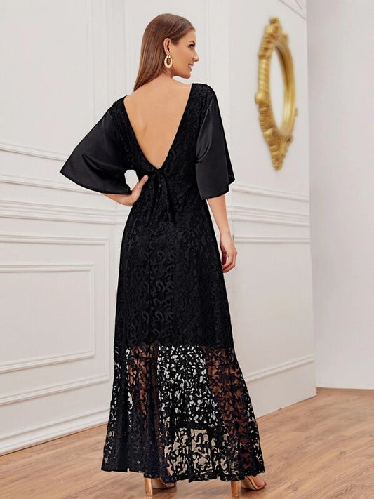 CM-DS823942 Women Elegant Seoul Style Short Sleeve V-Cut Backless Lace Maxi Dress - Black