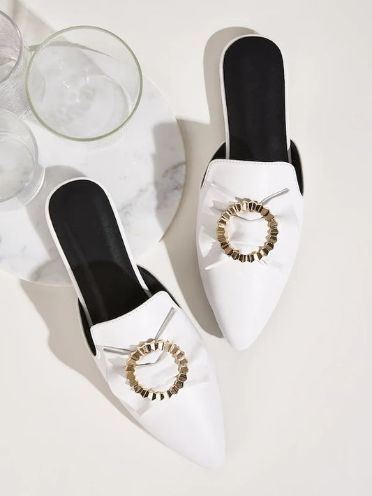 CM-SHS823142 Women Trendy Seoul Style Point Toe Bow Decor Flat Mules