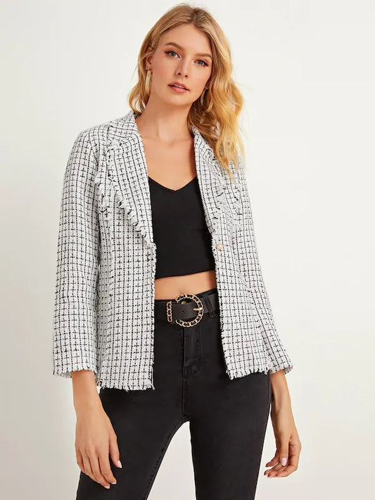 CM-CS816185 Women Casual Seoul Style Long Sleeve Frayed Trim Single Button Tweed Blazer - White