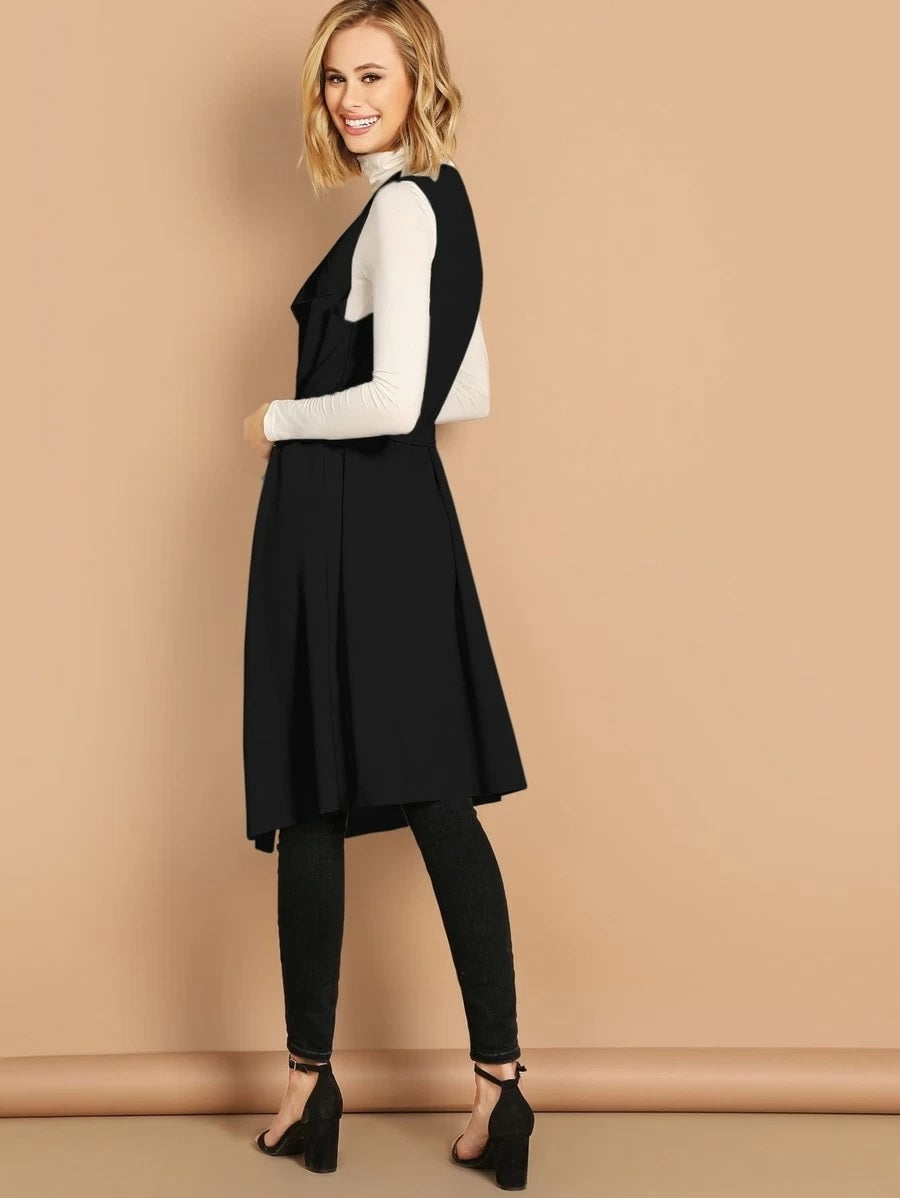 CM-CS808619 Women Casual Seoul Style Bow Tie Waist Longline Belted Vest Coat - Black