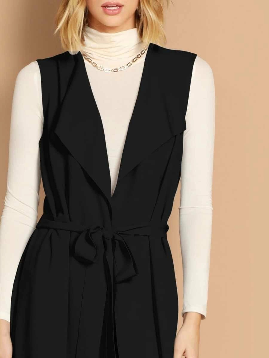 CM-CS808619 Women Casual Seoul Style Bow Tie Waist Longline Belted Vest Coat - Black