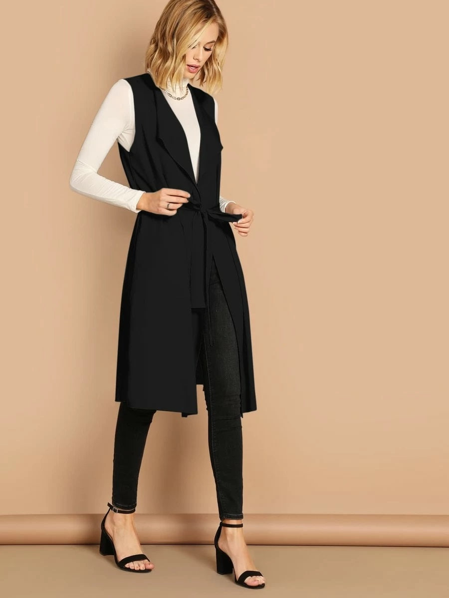 CM-CS808619 Women Casual Seoul Style Bow Tie Waist Longline Belted Vest Coat - Black