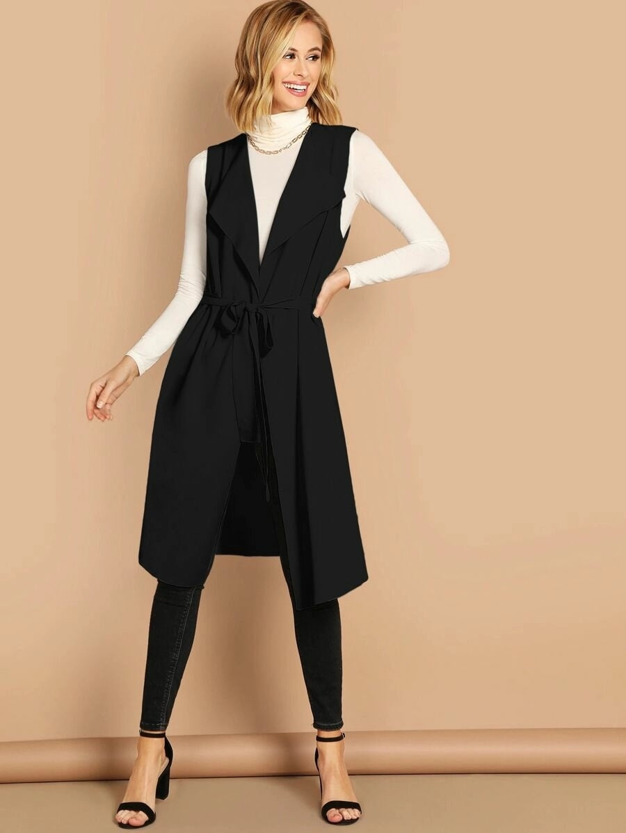 CM-CS808619 Women Casual Seoul Style Bow Tie Waist Longline Belted Vest Coat - Black