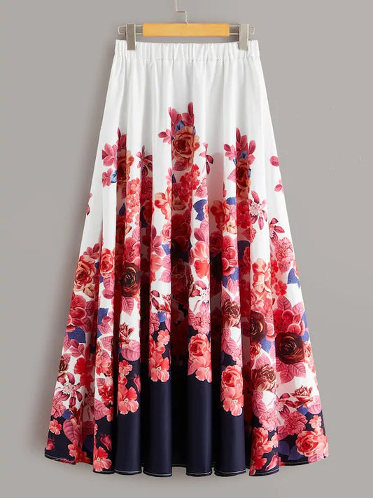 CM-BS827910 Women Elegant Seoul Style Floral Print Elastic Waist Maxi A-Line Skirt