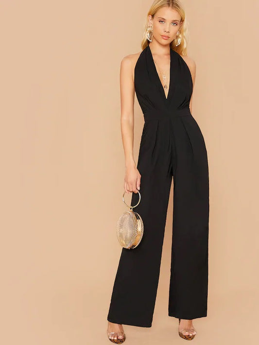 CM-JS808002 Women Elegant Seoul Style Plunge Neck Backless Halter Wide Leg Jumpsuit - Black