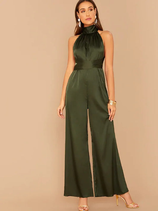 CM-JS809882 Women Elegant Seoul Style High Neck Crisscross Backless Palazzo Satin Jumpsuit - Army Green