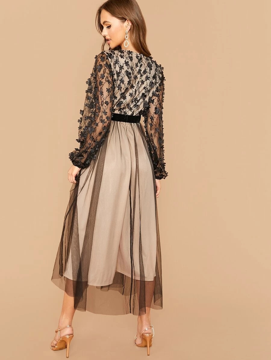 CM-DS816481 Women Elegant Seoul Style 3D Appliques Detail Mesh Overlay Flare Dress