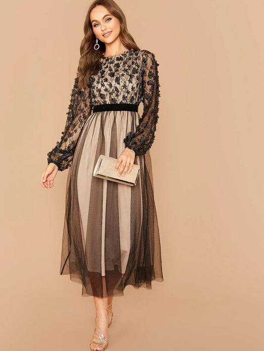 CM-DS816481 Women Elegant Seoul Style 3D Appliques Detail Mesh Overlay Flare Dress