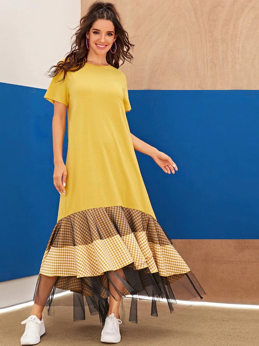 CM-DS731990 Women Casual Seoul Style Short Sleeve Plaid Ruffle Mesh Hem T-Shirt Dress - Yellow