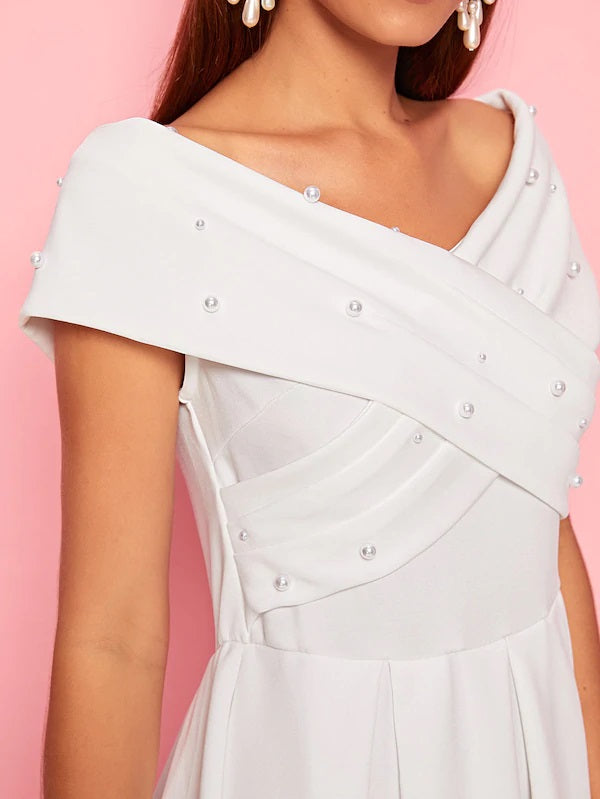 CM-DS801595 Women Elegant Seoul Style Pearls Beaded Crisscross Off The Shoulder Pleated Dress - White